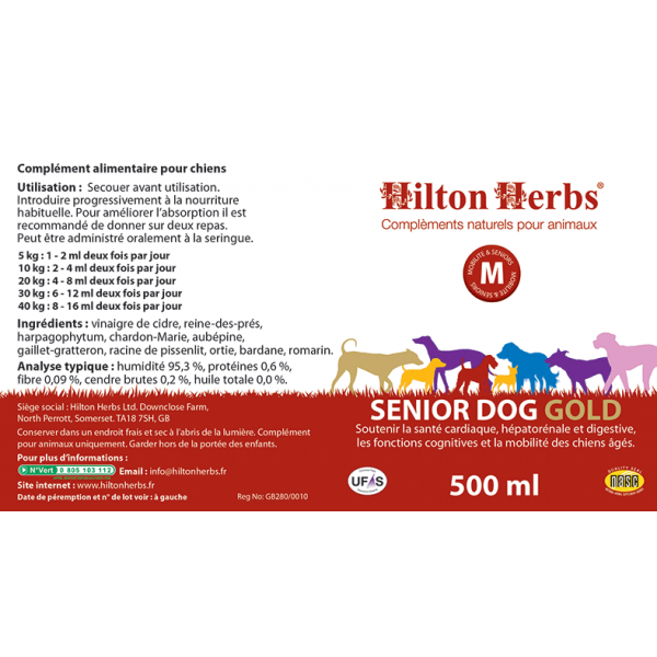 Ingrédients et dosage de Senior Dog Gold de Hilton Herbs